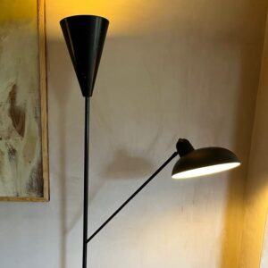 French 1960’s black metal two armed floor lamp