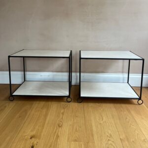 Pair of French 1950’s two tier black metal and stone tables