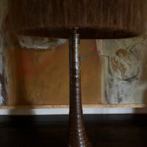 Tall French 1950’s glazed pottery lamp with fabric shade