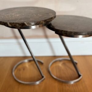 Pair of French chrome plated steel and marble side tables.